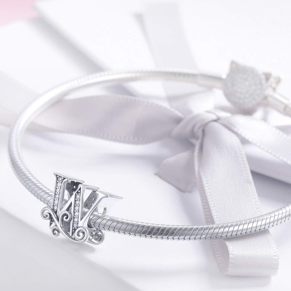BISAER 925 Sterling Silver Initial Letter W Charms for Bracelets Alphabet Beads Charm Jewelry Gifts