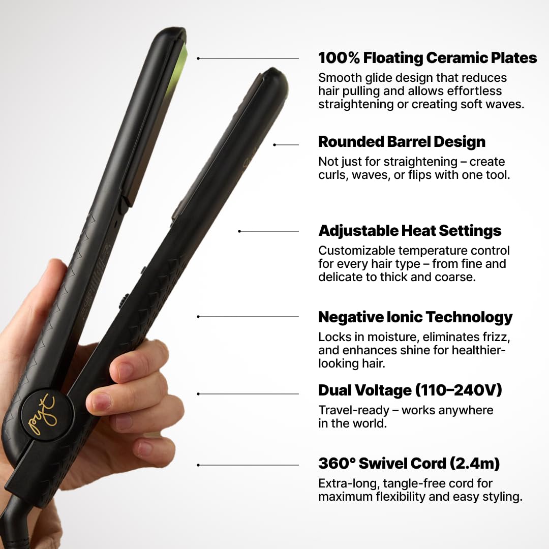 PYT 1.25    Professional Ceramic Hair Straightener - Negative Ion Flat Iron for Frizz-Free Shine, Adjustable Temperature, Dual V