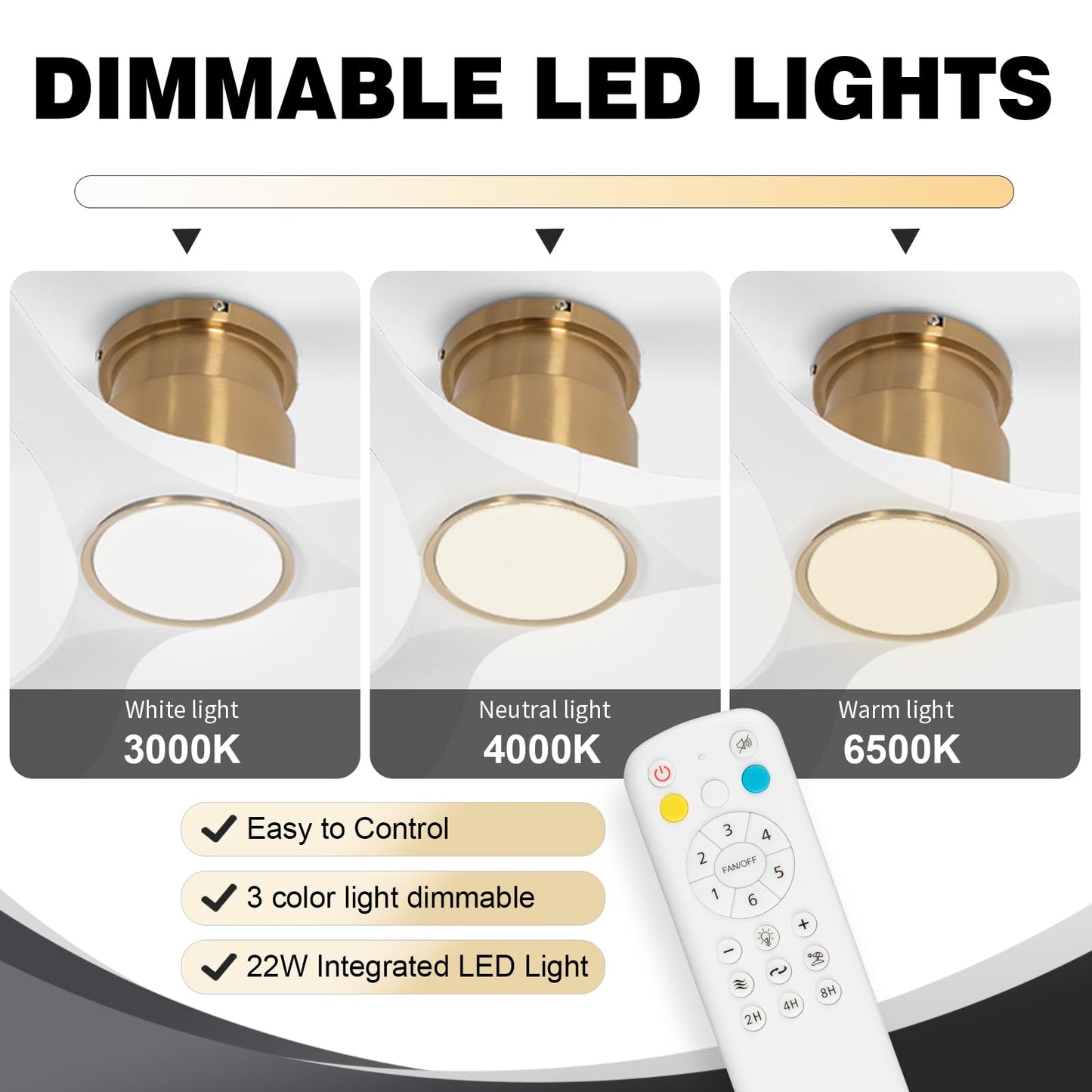 52 Inch Ceiling Fan with Lights and Remote, White Gold Low Profile Flush Mount, Modern 3 Blade Ceiling Fans Dimmable LED Light for Farmhouse Indoor Bedroom, Living Room