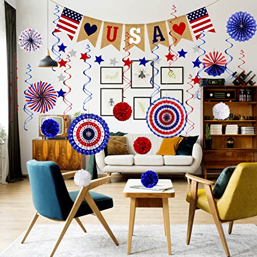 26Pcs Patriotic Decorations 4th of July Decorations LOVE USA Banner Red White Blue Paper Fans Star Streamer Pom Poms Hangi...