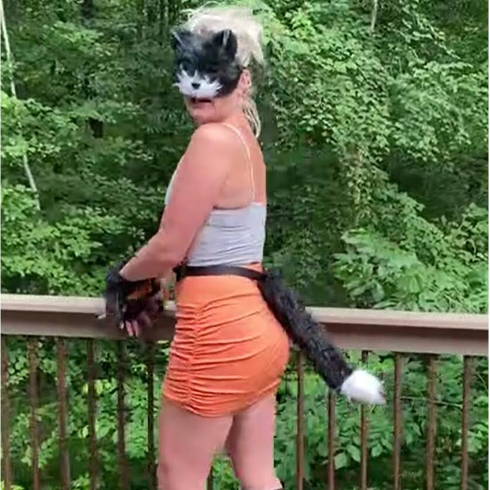 Mifhnby Faux Fur Fox Tail Wolf Cat Mask Paw Gloves Leather Necklace Set Halloween Christmas Party Cosplay Costume (black White)