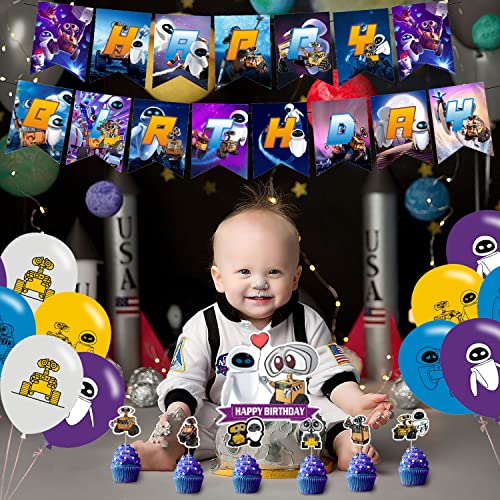 Walle Science Fiction Party Supplies with Happy Birthday Banner, Cupcake Cake Toppers, Balloons for Fans Birthday Party Ba...