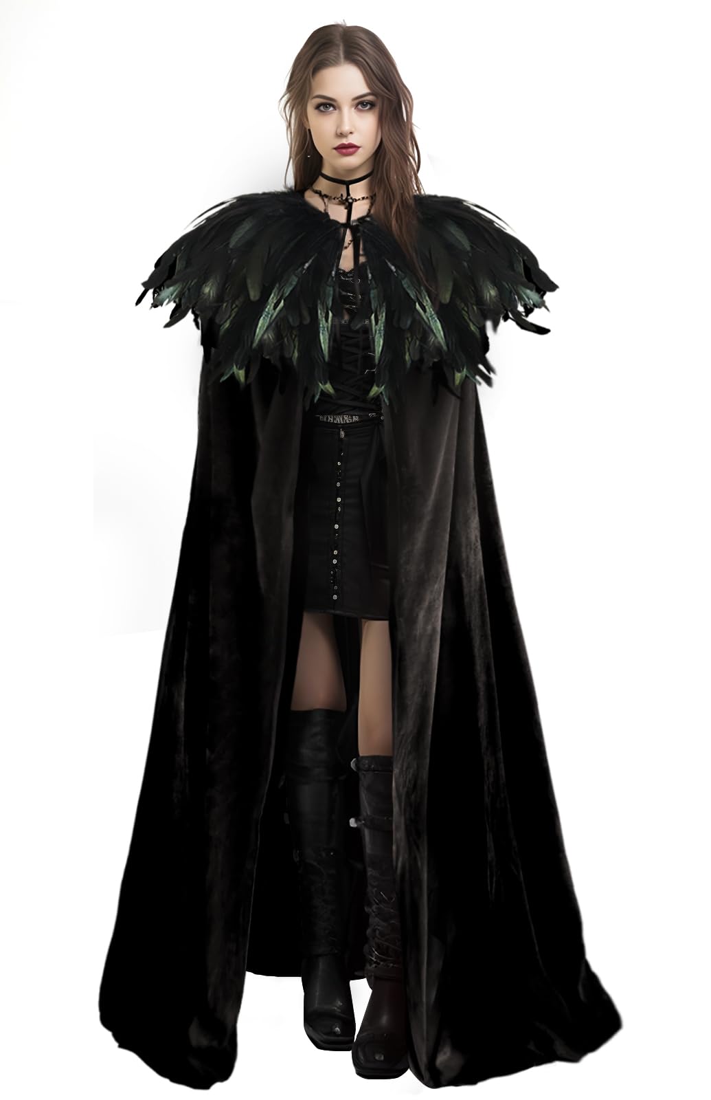 Gothic Feather Shawl and Halloween Adult Velvet Classic Witch Costume Cloak