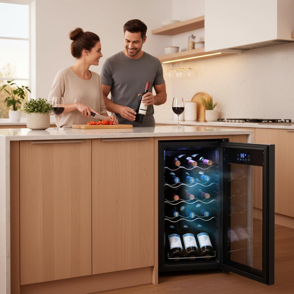 Nutrichef 15 Bottle Wine Fridge Red and White Wine Chiller Adjustable Temp Control 41°F to 64°F Ultra Quiet Operation Mini Wine Cooler Built for Home, Office, Kitchen Counter, 27x13x17 IN