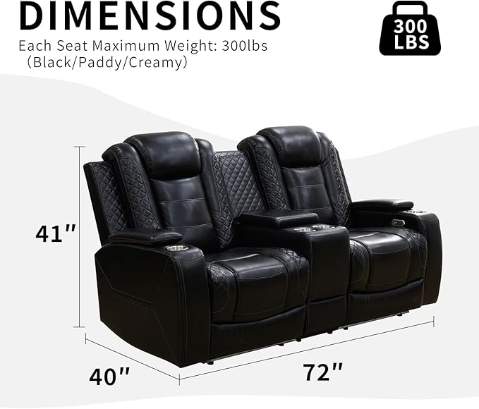 Caberryne Power Recliner Sofa with LED Lights,Leather Reclining Loveseat with Double Recliner/USB Port/Storage Console/Cup Holder for House/Home Theater(2 Seater Loveseat,Black)