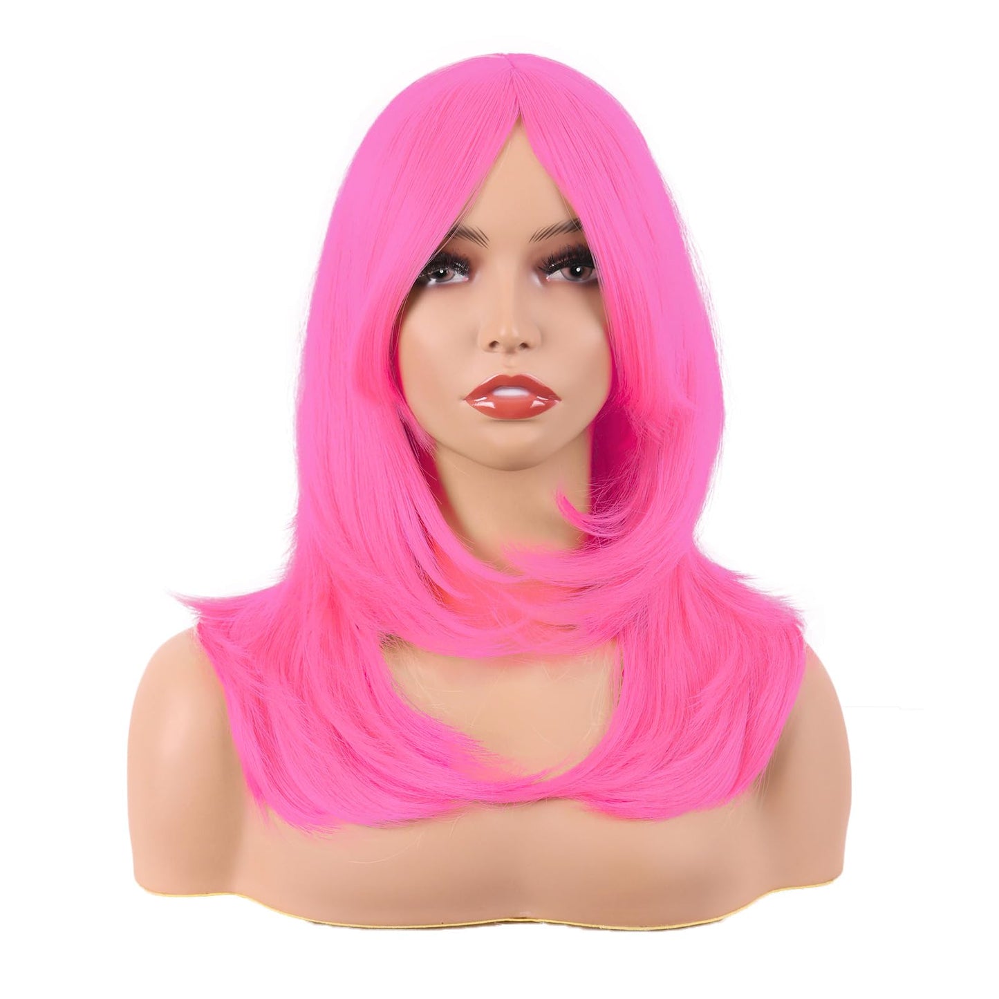 MapofBeauty 20 Inch/50 cm Long Layered With Bangs Straight Synthetic fiber Shoulder Length Hair Party Wig (Neon Pink)
