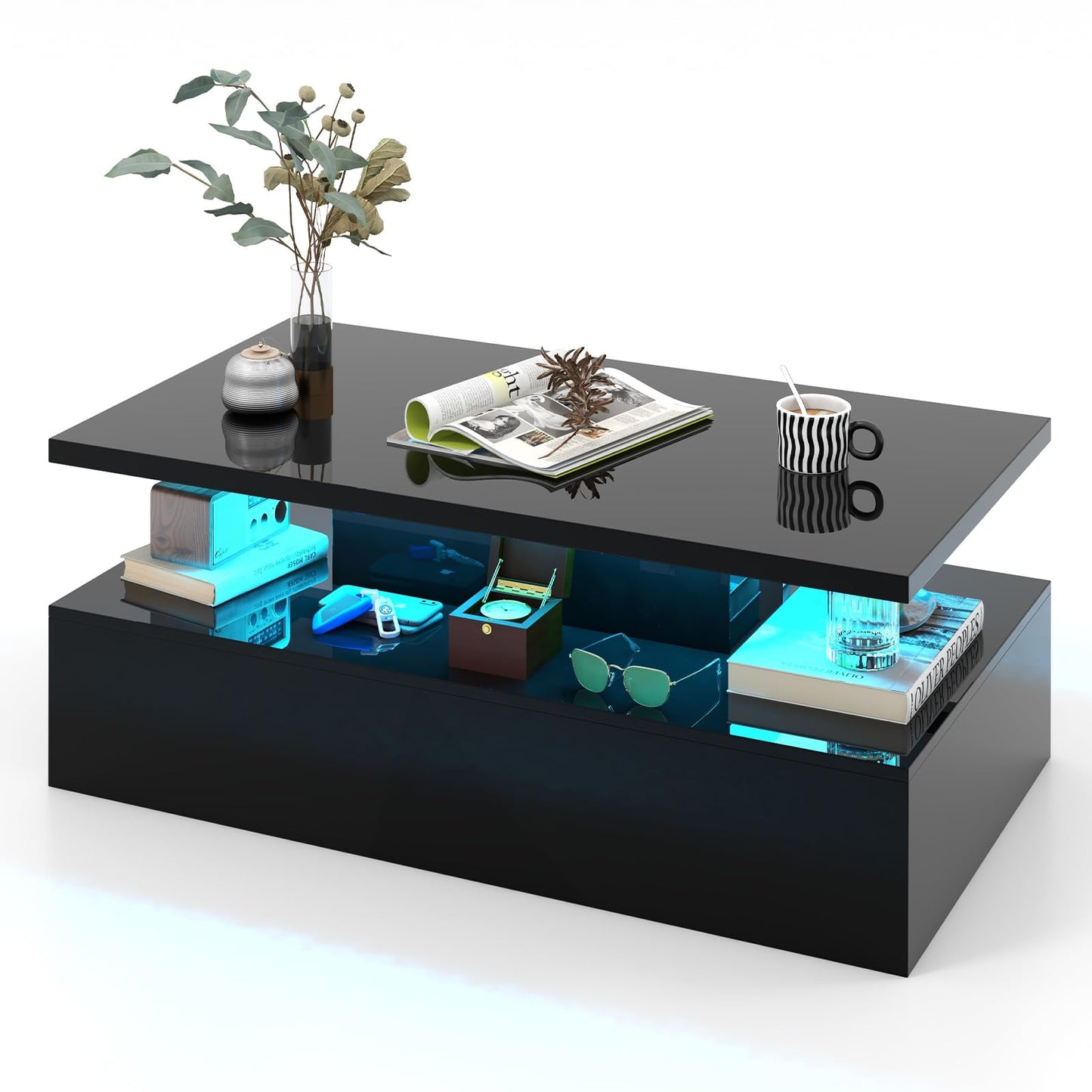 Tangkula LED Coffee Table, Modern High Gloss Coffee Table w/ 20-Color LED Lights, Adjustable Speed & Brightness, Remote Control, Open Shelf, 2-Tier Rectangle Living Room Center Table (Black)