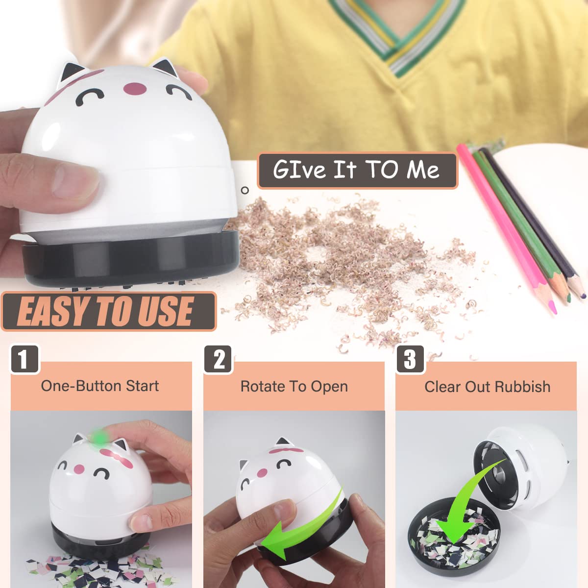 YUNYILAN Mini Desktop Vacuum Cleaner, Portable USB Vacuum Cleaner for Desk Mini Cute Cartoon Desktop Vacuum for Cleaning Eraser Crumbs, Dust, Crumbs, Computer, Keyboard and Car (White)