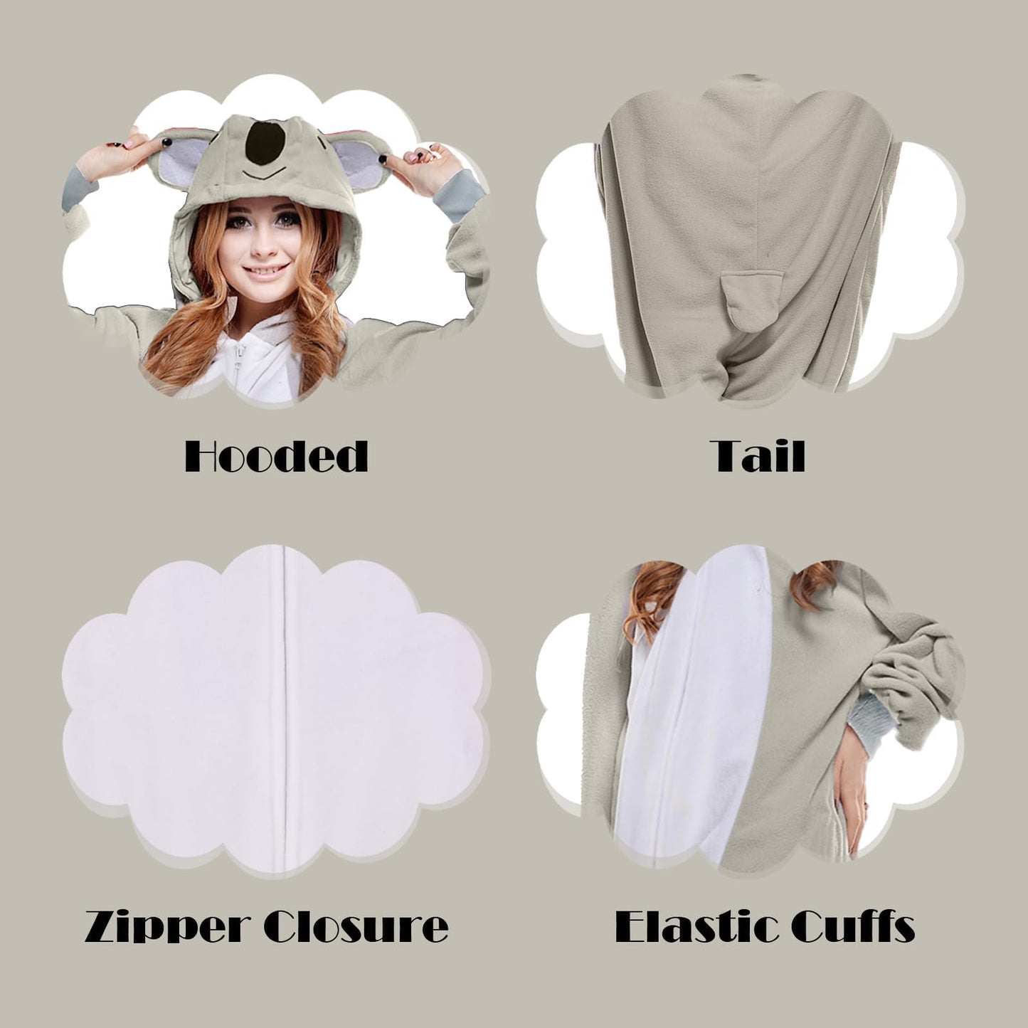 NEWCOSPLAY Unisex Adult Koala Onesie Pajamas Animal One Piece Costume Cosplay Sleepwear (Koala, Large)