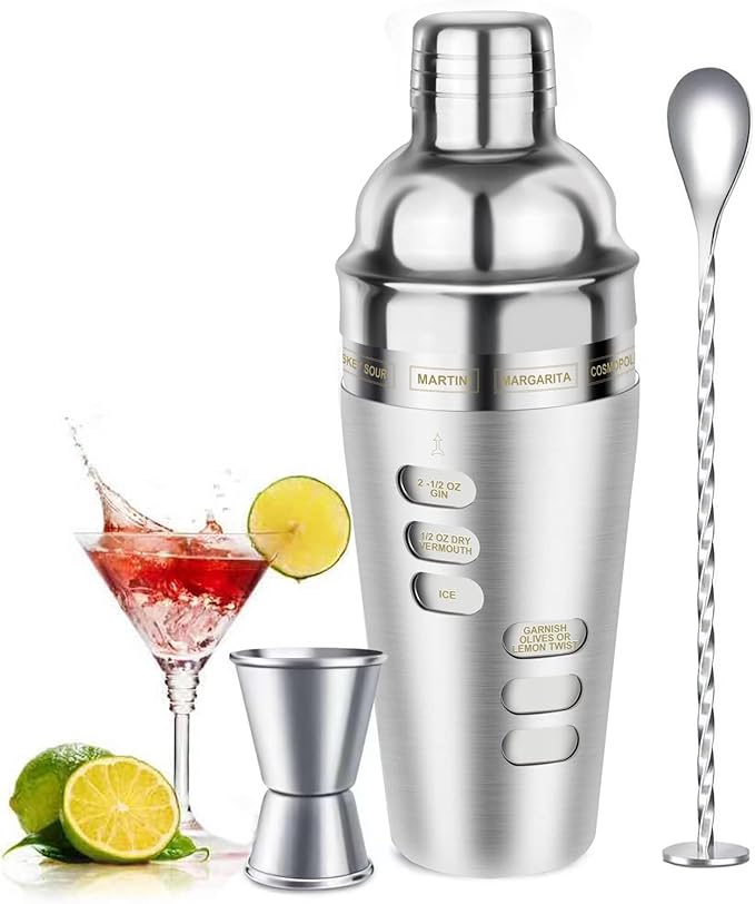 Cocktail Shaker Martini Shaker Set with Recipe, 24 oz Martini Shaker Drink Shaker Drink Mixer Stainless Steel Cocktail Sha...