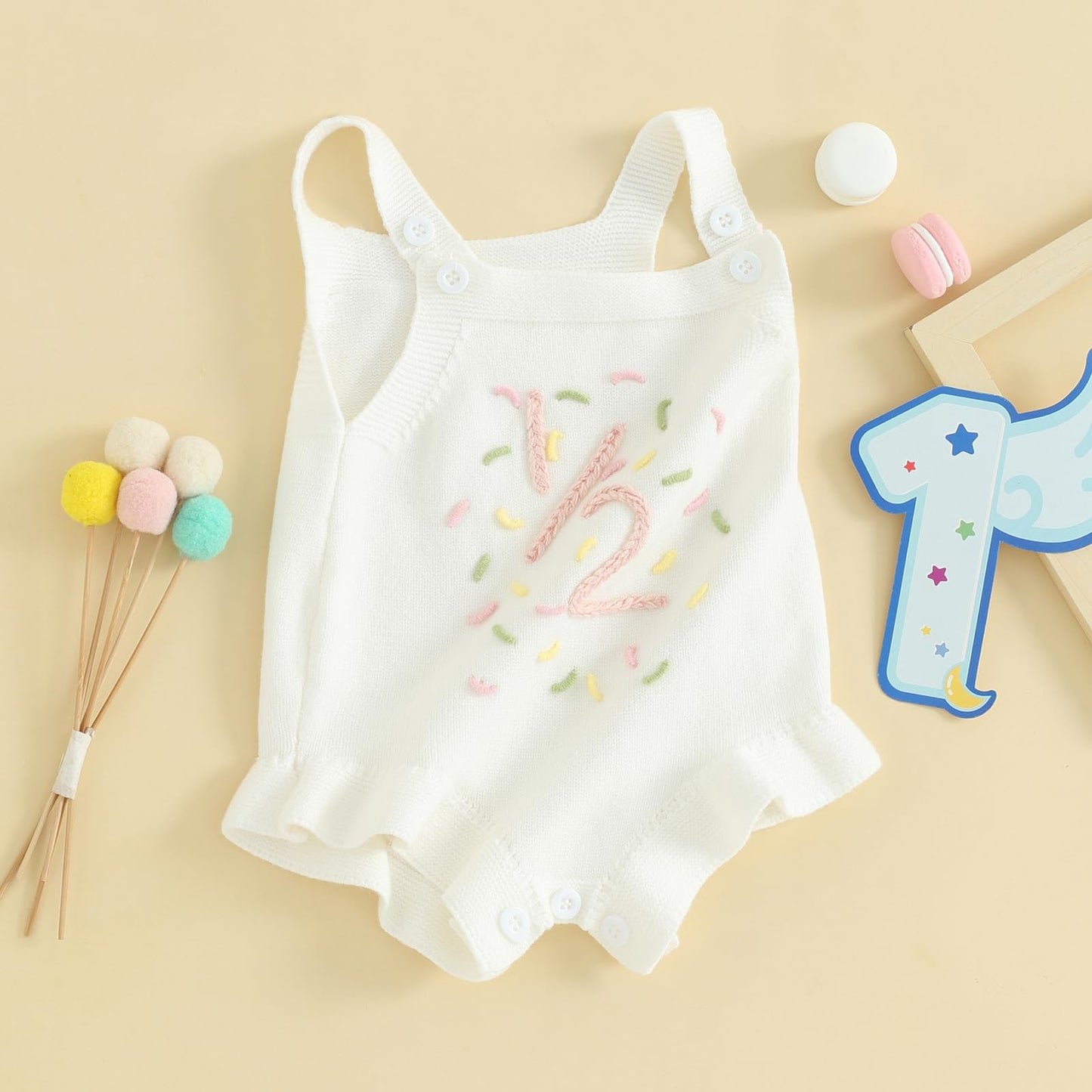 Frietlebird Half Birthday Outfit Baby Girl Sleeveless Knit Romper Sweet 1/2 Birthday Outfit Cute Infant Summer Clothes Birthday Gift (A-White Half,3-6 Months)