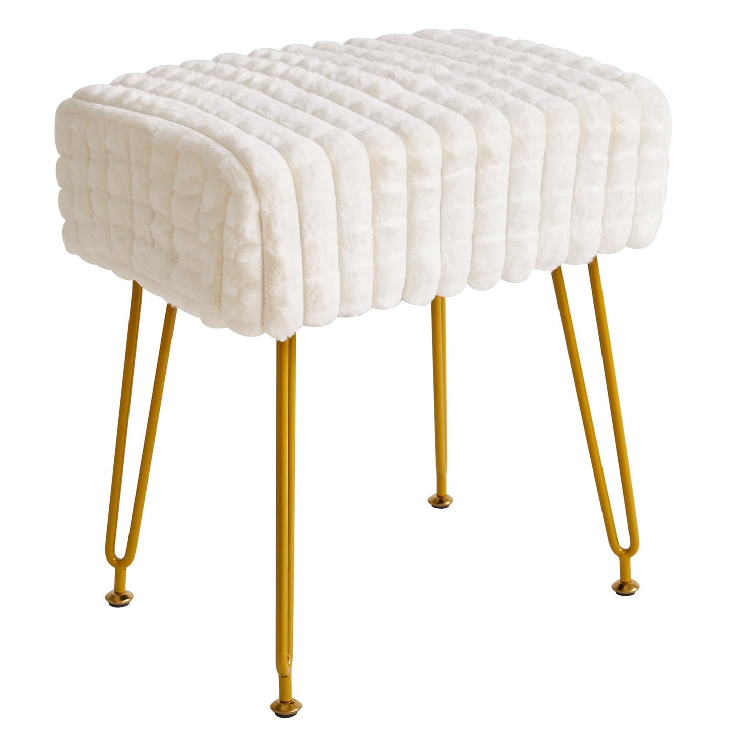 IBUYKE Rectangular Footrest Stool Ottoman, Makeup Vanity Stool Side Table, Velvet Dressing Table Seat, Footstool Chair, Golden Steel Legs, for Makeup Room, Bedroom, Square Grid Pattern, White WBD003W