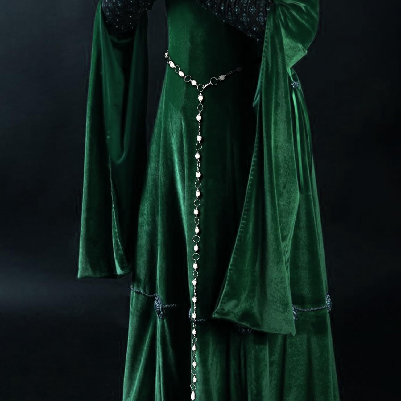L'VOW Women's Renaissance Medieval Witch Belt - Silver Waist Chain With Concho Bead and Long Pearl for Dresses