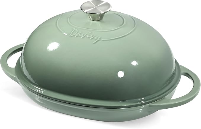 Davivy 6QT Oval Cast Iron Bread Oven with Domed Lid, Dutch Oven for Sourdough Bread, 6QT Bread Cloche Dutch Oven Sourdough Baking Pan with Lid - Sea Salt Green