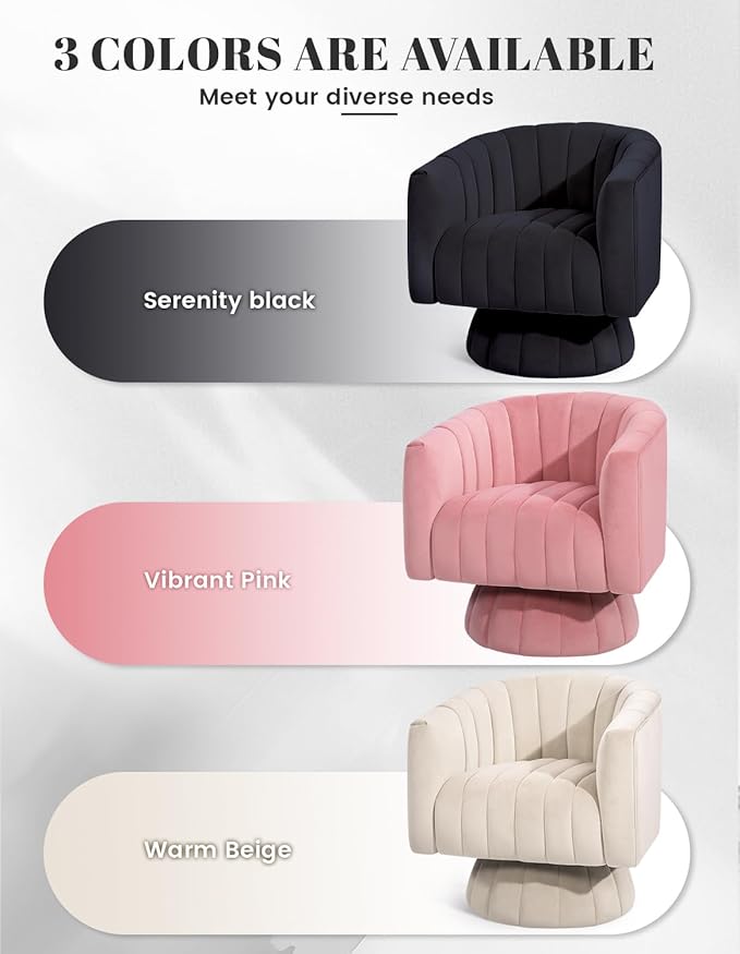 Kromax Swivel Accent Chair with Armrest, Mid Century 360 Degree Swivel Barrel Chair Overstuffed Tufted Velvet, Ideal for Living Room, Bedroom, Reading Room, Black