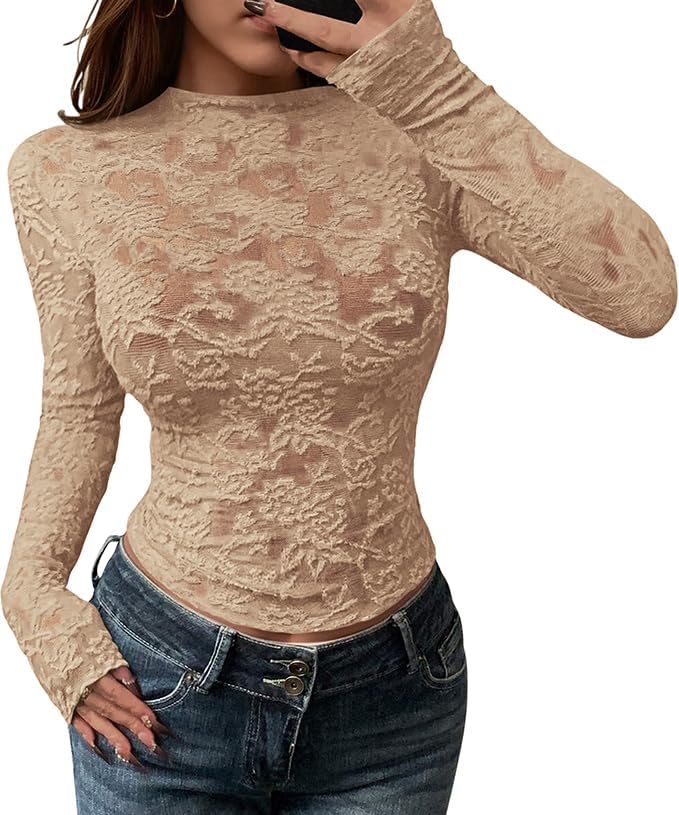 BTFBM Mesh Long Sleeve Tops for Women Lace Sexy Sheer Tight See Through Crew Neck Spring Fall 2026 Party Club Outfits