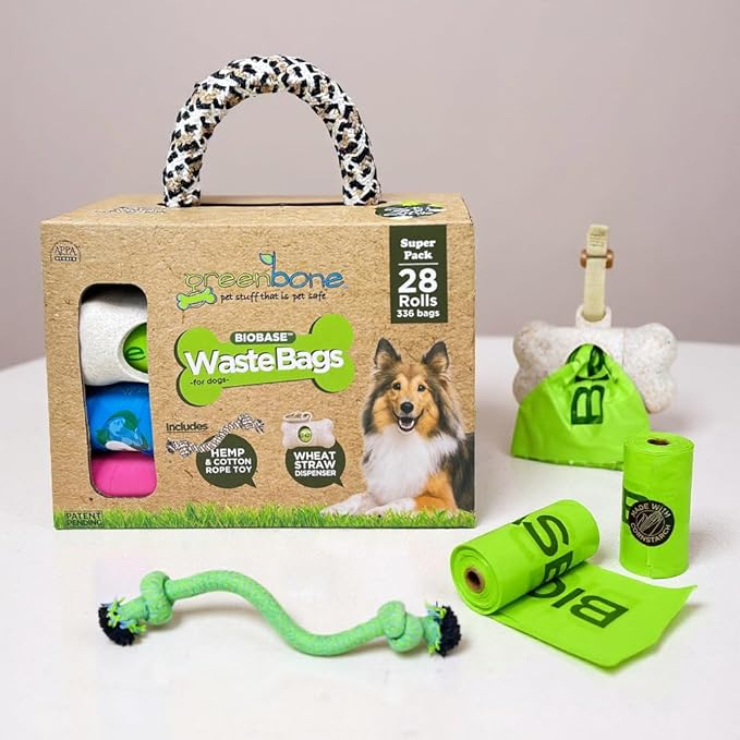 Greenbone BioBase Blue Dog Poop Bag Refills: 28 Rolls - 336 Bags with Dispenser and Rope Toy Handle- Dog Gift Set