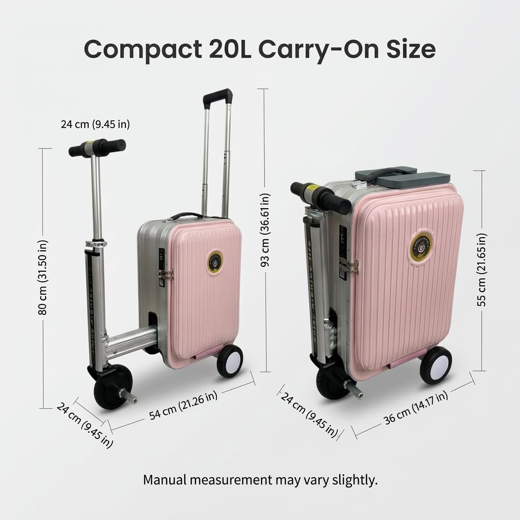 Pink Rideable Suitcase for Adults & Kids, 20" Carry On Electric Luggage with 250W Motor, 8 MPH, 5 Miles Range, Removable 93.6Wh Battery, TSA Lock, USB Charging, Max Load 240 lbs