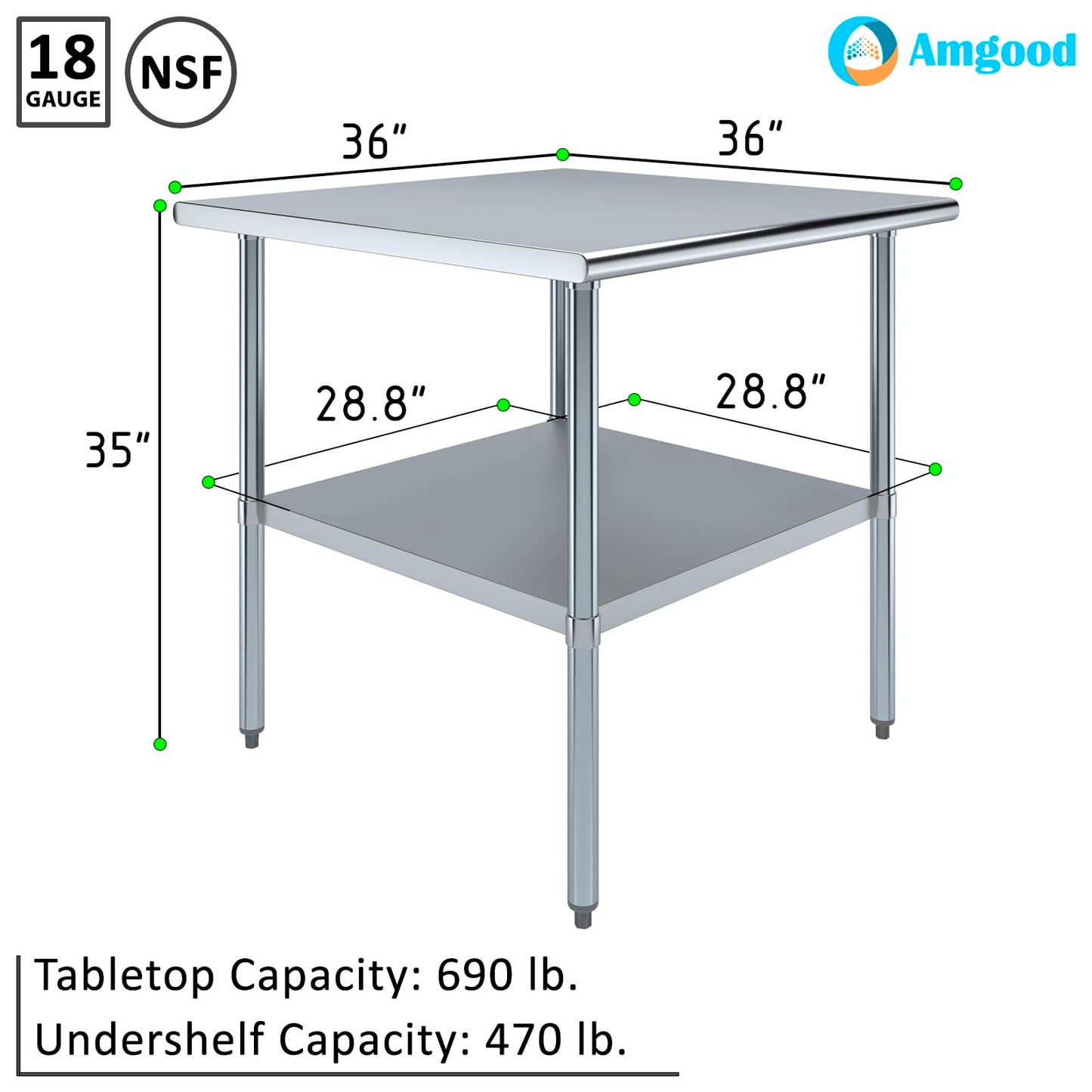 AmGood 36 in. x 36 in. Stainless Steel Work Table | Metal Kitchen Food Prep Table | NSF