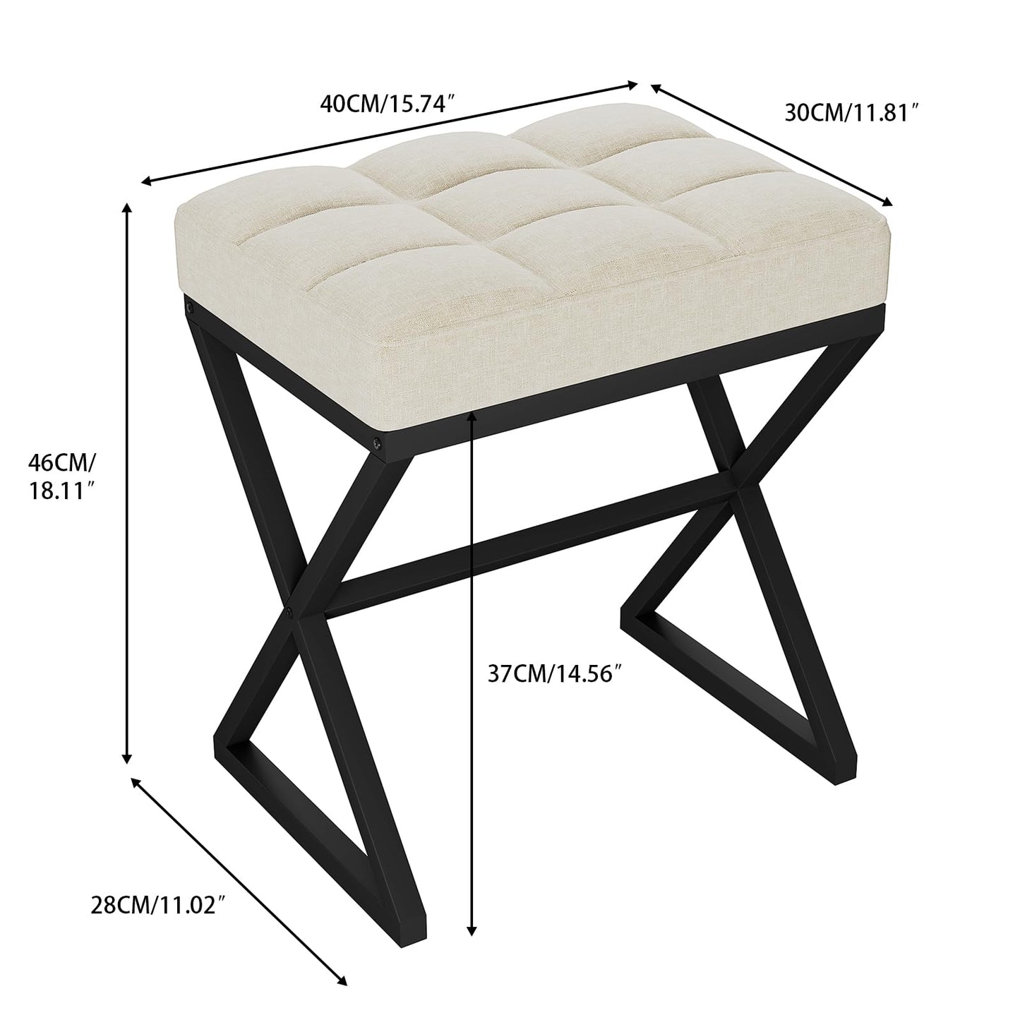 YMYNY Vanity Stool, Linen Footrest Stool, Ottoman Bench with X-Shaped Metal Legs, Makeup Dressing Stool for Vanity, Living Room, Bedroom, Entryway, Hallways 15.74" D×11.81" W×18.11" H Beige UHBD033Y