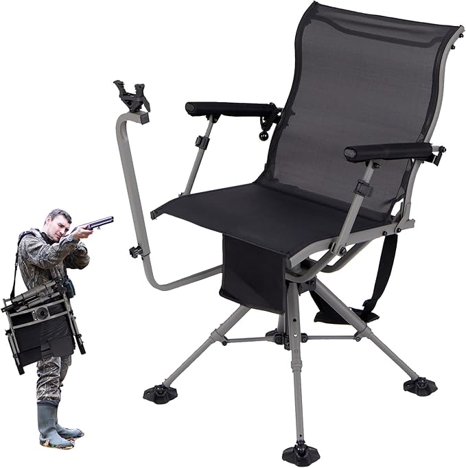 GYMAX Hunting Chair with Gun Rest, 360° Swivel Hunting Blind Chair w/Adjustable Height & Armrest, All-Terrain Duck Feet, Shoulder Strap, 330 LBS Folding Outdoor Ground Blind Seat