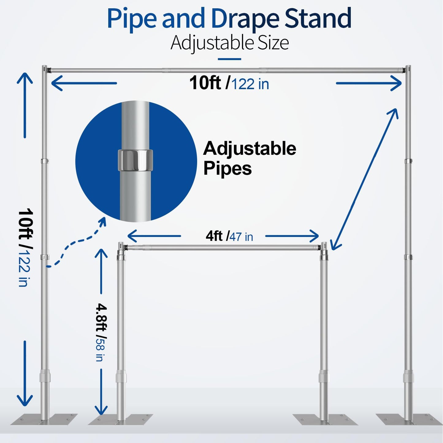 Qoolfoto Pipe and Drape Backdrop Stand, 10x10ft Heavy Duty Adjustable Backdrop Frame with Metal Base, Background Holder for Parties Photography Wedding Photoshoot Decoration