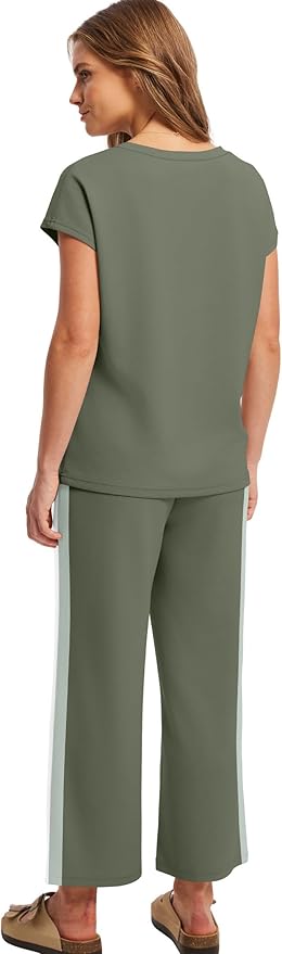 Saloogoe Two Piece Sets for Women Summer Outfits Lounge Sets V Neck Tops Wide Leg Pants Woman Vacation Travel Outfits