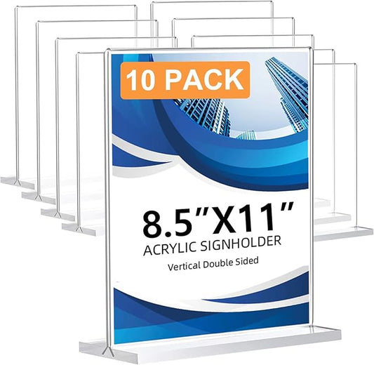 10 Pack Acrylic Sign Holder 8.5 x 11, Double-Sided Clear Sign Holder Plastic Stands for Display, T Shape Acrylic Table Sig...