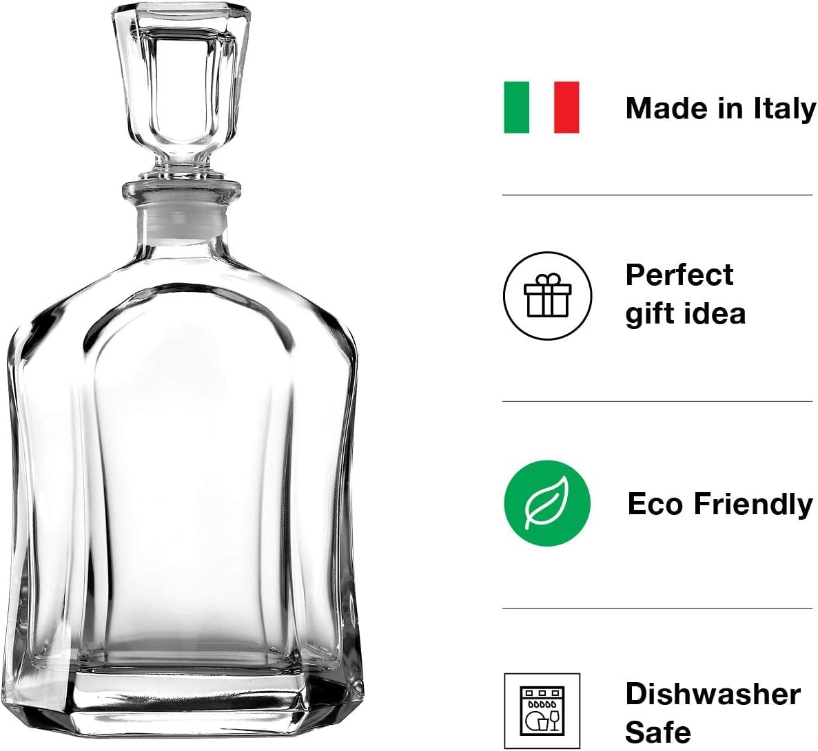 Bormioli Rocco Capitol Glass Decanter, Airtight Geometric Stopper, 23.75 oz Whiskey Decanter for Wine, Bourbon, Brandy, Liquor, Juice, Made in Italy.