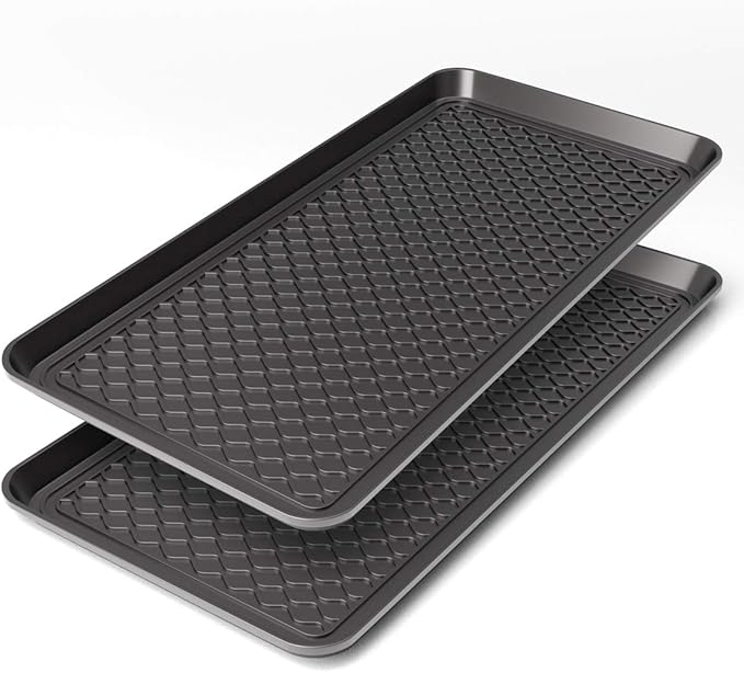 Finorder Multi-Purpose Boot Trays, Set of 2 Black All Weather Heavy Duty Shoe Trays, Pet Feeding Mat, Use for Indoor and Outdoor, 30" x 15" x 1.2"