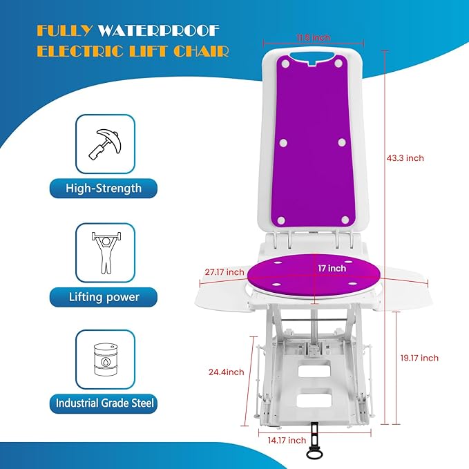 Electric Chair Lift for Senior, Remote Control Floor Lift with Padded Backseat, Bathtub Lift Elderly from Floor, Net Weight 24 LBS, Support Max 308 LBS, Safety and Waterproof Design, Include Charger