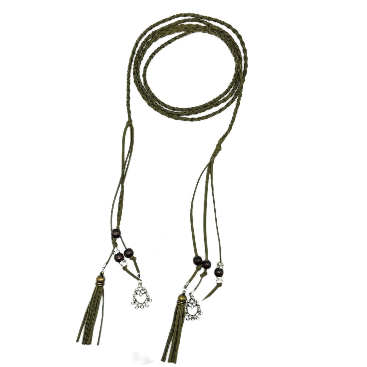Hedyzone Women's Waist Belts Woven Tassels Chain Belt Skinny Rope Belt for Skirt Dress Boho Style Green