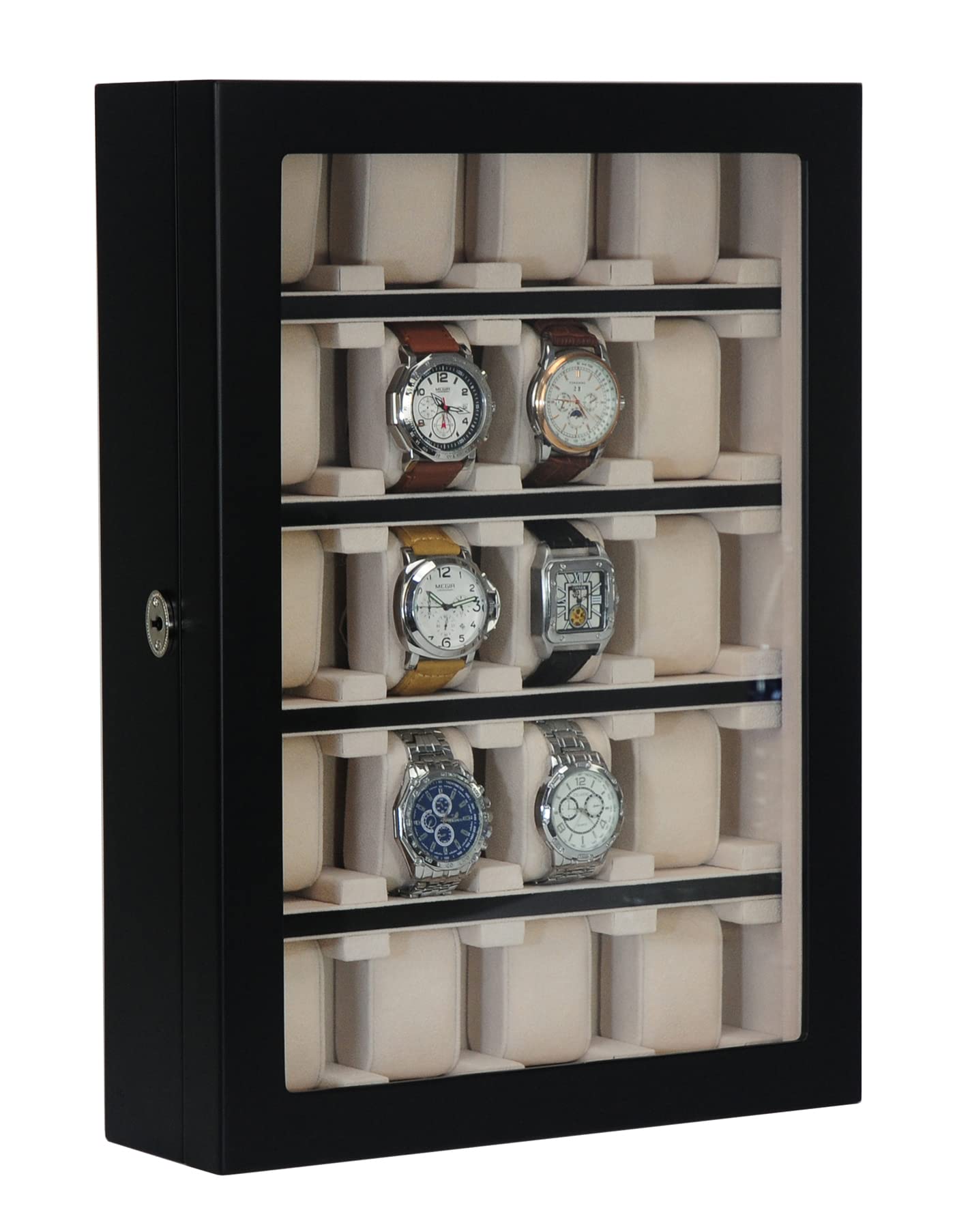 TIMELYBUYS 20 Piece Black Ebony Wood Watch Display Wall Hanging Case and Storage Organizer Box and Stand for Oversized Watches