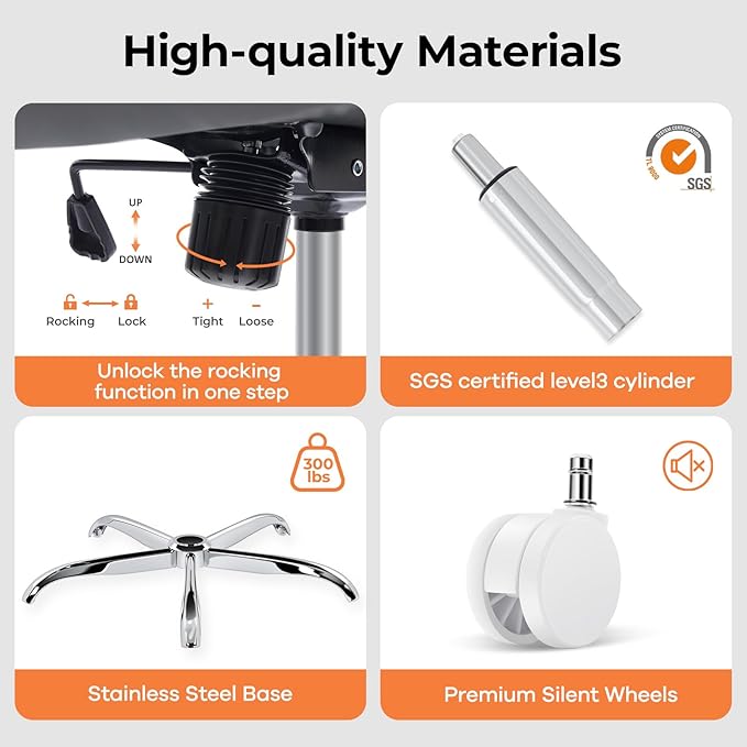 shipborne Office Chair Ergonomic Office Chair with Lumbar Support, Head Support, Rocking Function, FILP-up Armrests, Mesh High Back Chair Home Office Desk Chair, Suitable for Home, Office, Grey