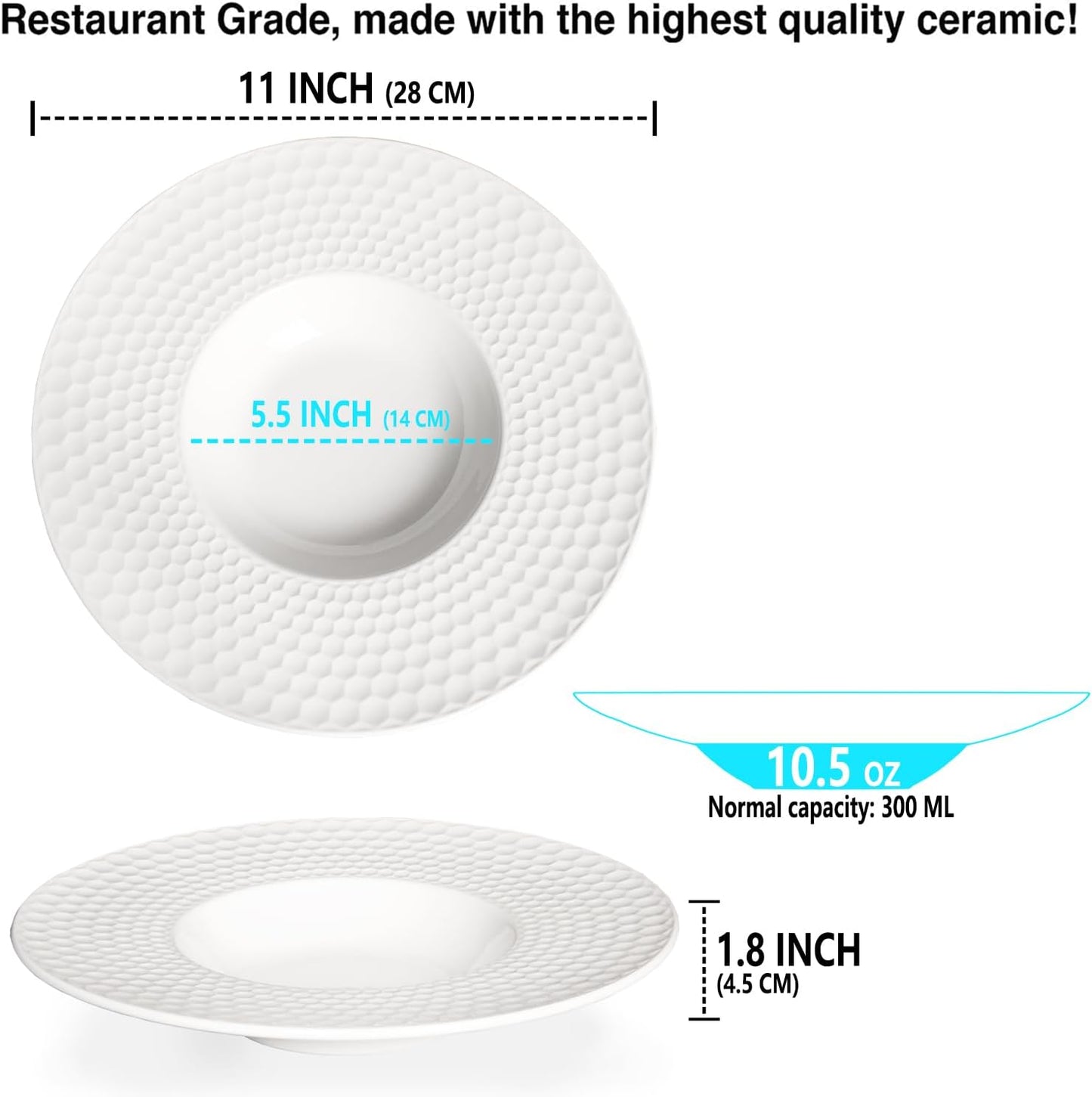 Ceramic Wide Rimmed Soup Plate, Soup Bowl 10.5 oz, Pasta Bowl Set of 4, White Shallow Bowl Plate with Rim, Best choice for high-end restaurants, hotels, and foodies,11 Inch