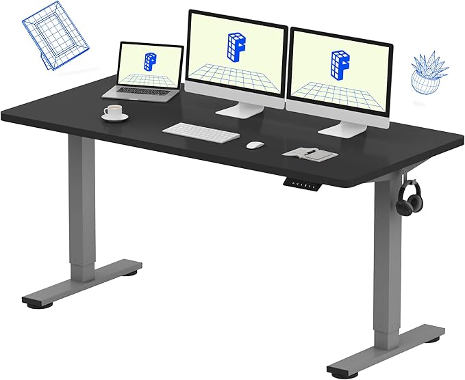 FLEXISPOT EN1 One-Piece Adjustable 60 x 24 Inches Stand Up Desk Workstation Electric Standing Desk with Seamless Desktop (Silver Frame + 60 inches Black Top, 2 Packages)
