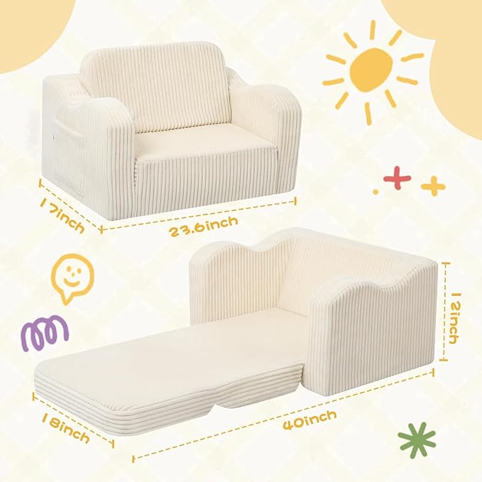 MeMoreCool Toddler Chair 2‑in‑1 Foldable Kids Couch Bed, Beige (Ages 1‑3) – Corduroy Lounge Chair That Pulls Out into Sofa‑Bed | High‑Density Foam, Machine‑Washable Cover for Little Ones