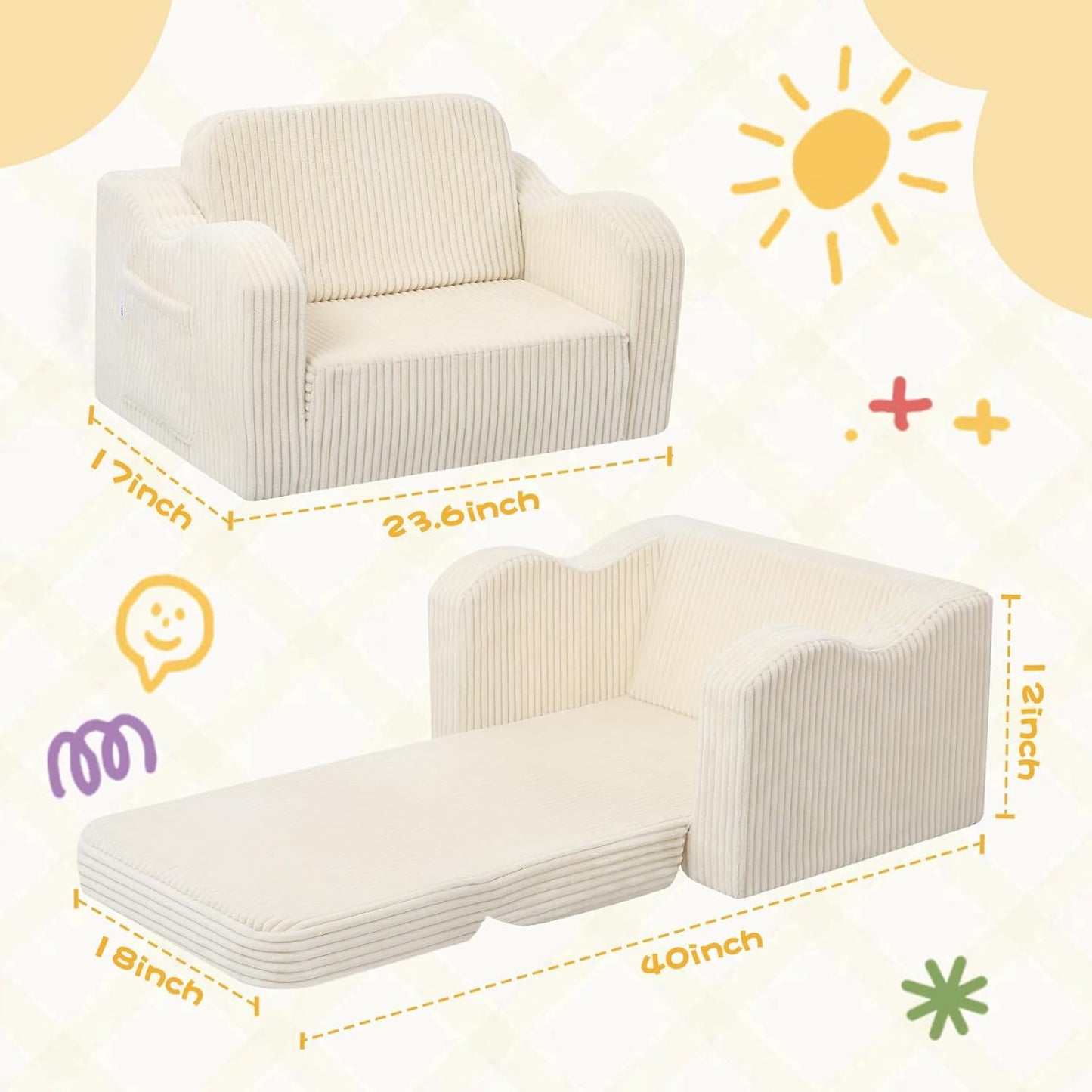 MeMoreCool Toddler Chair Comfy for 1-3 Years Old, Corduroy Kids Couch Bed Fold Out, 2-in-1 Foldable Baby Lounge Chair, Pull Out Children Sofa Bed, Beige