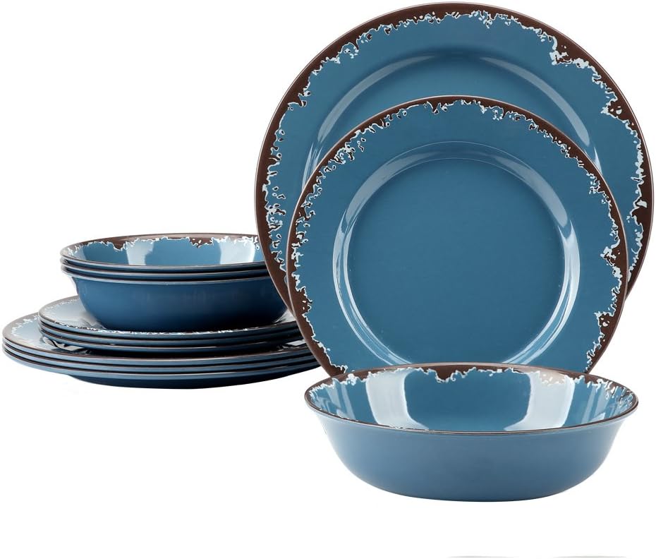 Melamine Dinnerware Set - Yinshine 12-Piece Dishes Set,Shatterproof Plates and Bowls Sets, Lightweight,Unbreakable,Dishwasher Safe,Blue