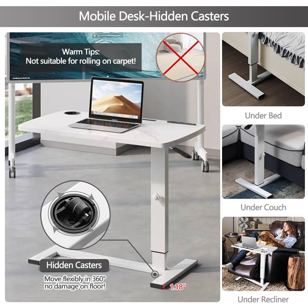 BeGyoku Overbed Table,Hospital Bed Table,Pneumatic Bed Tables Adjustable Over The Bed with Hidden Wheels&USB Port,Mobile Laptop Table Cart and Rolling Bedside Table with Tray Hospital Home Use-White