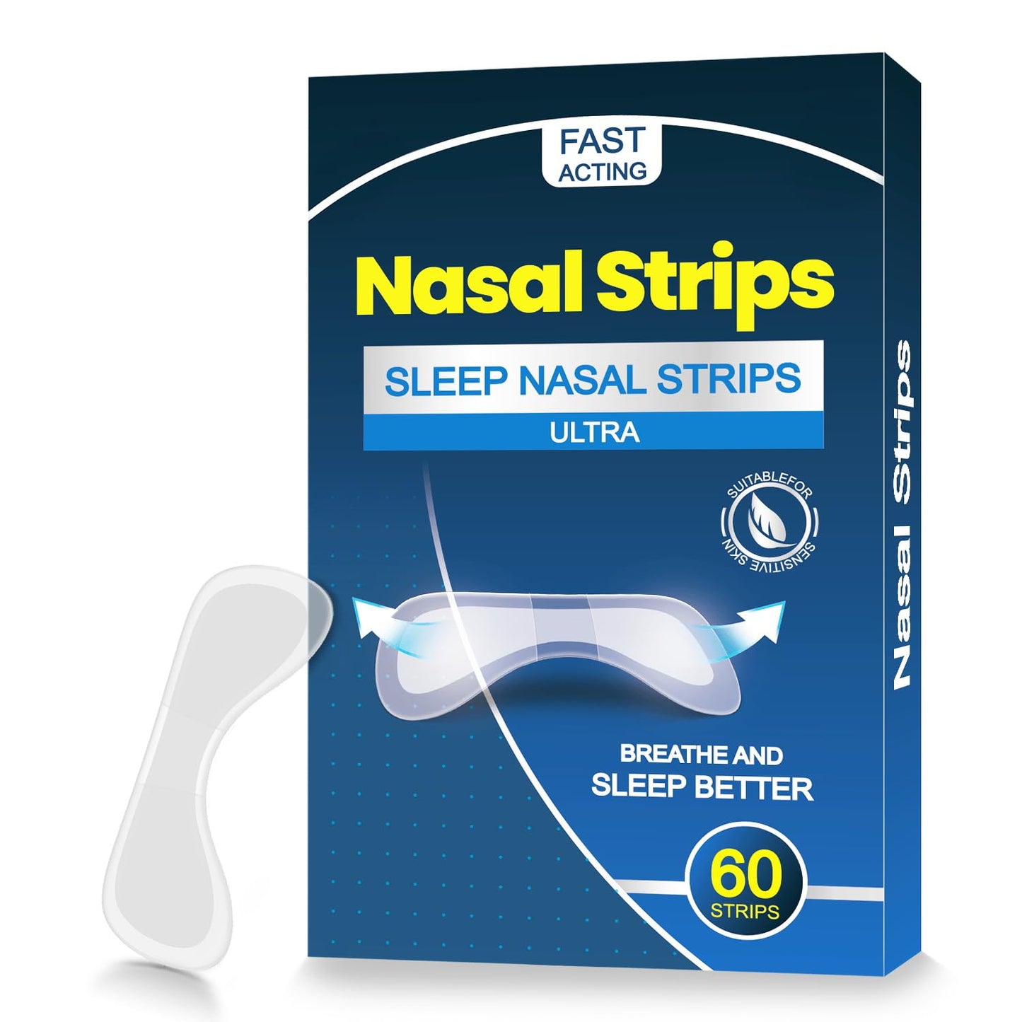 60 Pcs Nasal Strips for Snoring - Extra Strength Nose Strips for Breathing with Strong Adhesion - Sweat Resistant Design for All Day Use - Improves Sleep and Workout Performance - Clear