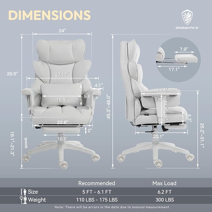 Dowinx Big and Tall Office Chair with Pocket Spring Cushion,High Back Computer Gaming Chairs with Adjustable Armrests,Executive Desk Chairs with Lumbar Support and Footrest,Fabric-White