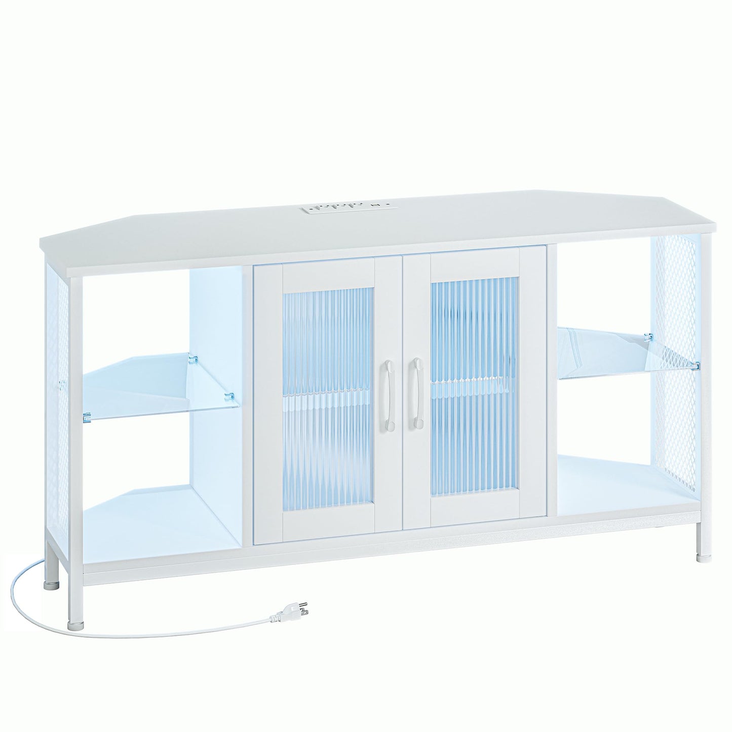 Uniheim TV Stand with Glass Storage Cabinets and Power Outlet, White TV Stand for 32/45/55 inch TVs, Entertainment Center with LED Light for Living Room, 46inch Small Tv Stand for Bedroom