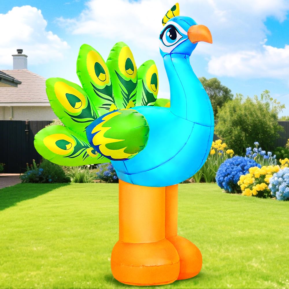 KOOY 6FT Peacock Decor Inflatable, Built in LED Lights Blow Up Animal Decorations for Garden, Peacock Garden Decor for Summer Beach Party Tropical Lawn Yard