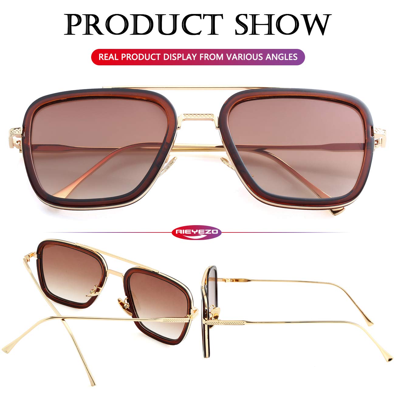 AIEYEZO Tony Stark Sunglasses Vintage Square Metal Frame Eyeglasses for Men Women - Iron Man and Edith Sun Glasses (Gold/Gradient Brown)