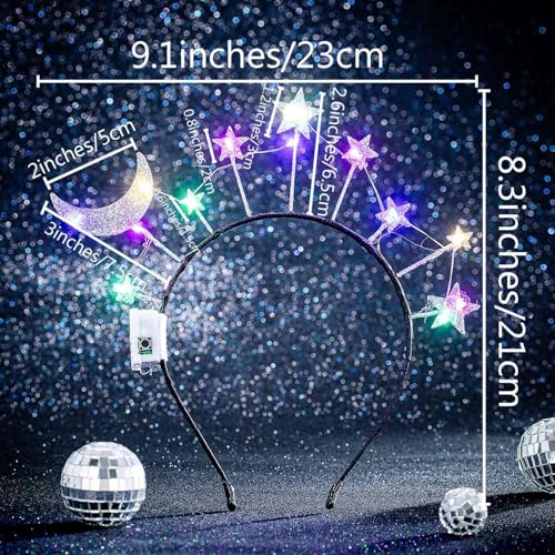Olbye Light up Moon Star Headband Glitter Halo Headbands Flashing Headpiece Glow in Dark Hairbands Led Festival Hair Acces...