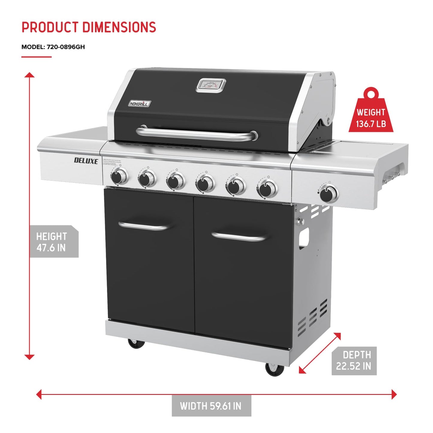 Nexgrill Deluxe 6-Burner Natural Gas Grill with Searing Side Burner and Griddle Insert, Stainless Steel Frame, 60,000 BTUs Output, BBQ Grill for Outdoor Gatherings - 730-0896GH
