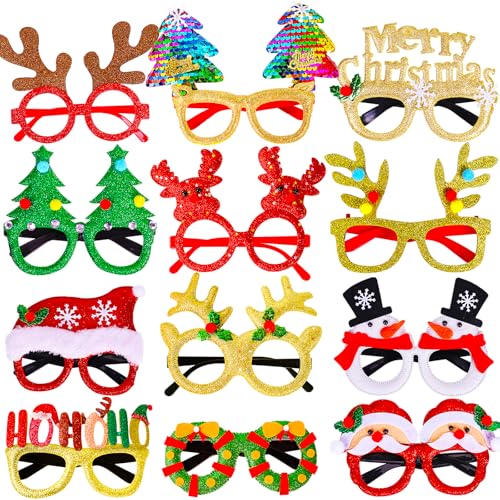 Max Fun 12Pcs Christmas Glasses Glitter Holiday Party Glasses Frames Christmas Decoration Accessories Costume Eyeglasses f...