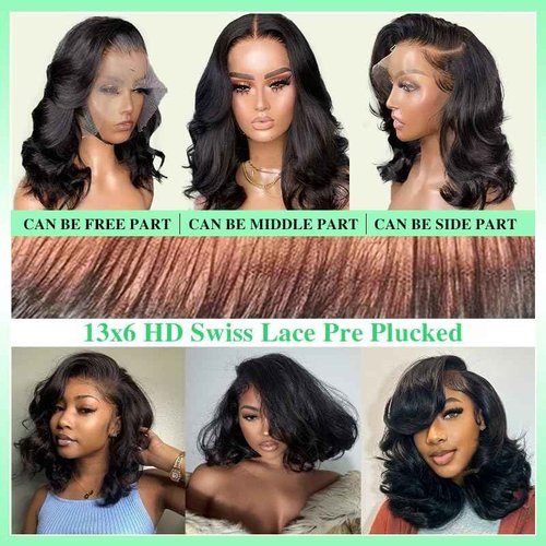 Aolisox 14 Inch Bob Wig Human Hair 13x6 Body Wave Lace Front Wigs Human Hair 200 Density HD Lace Frontal Wigs Short Body Wav Wigs for Women Pre Plucked Natural Black