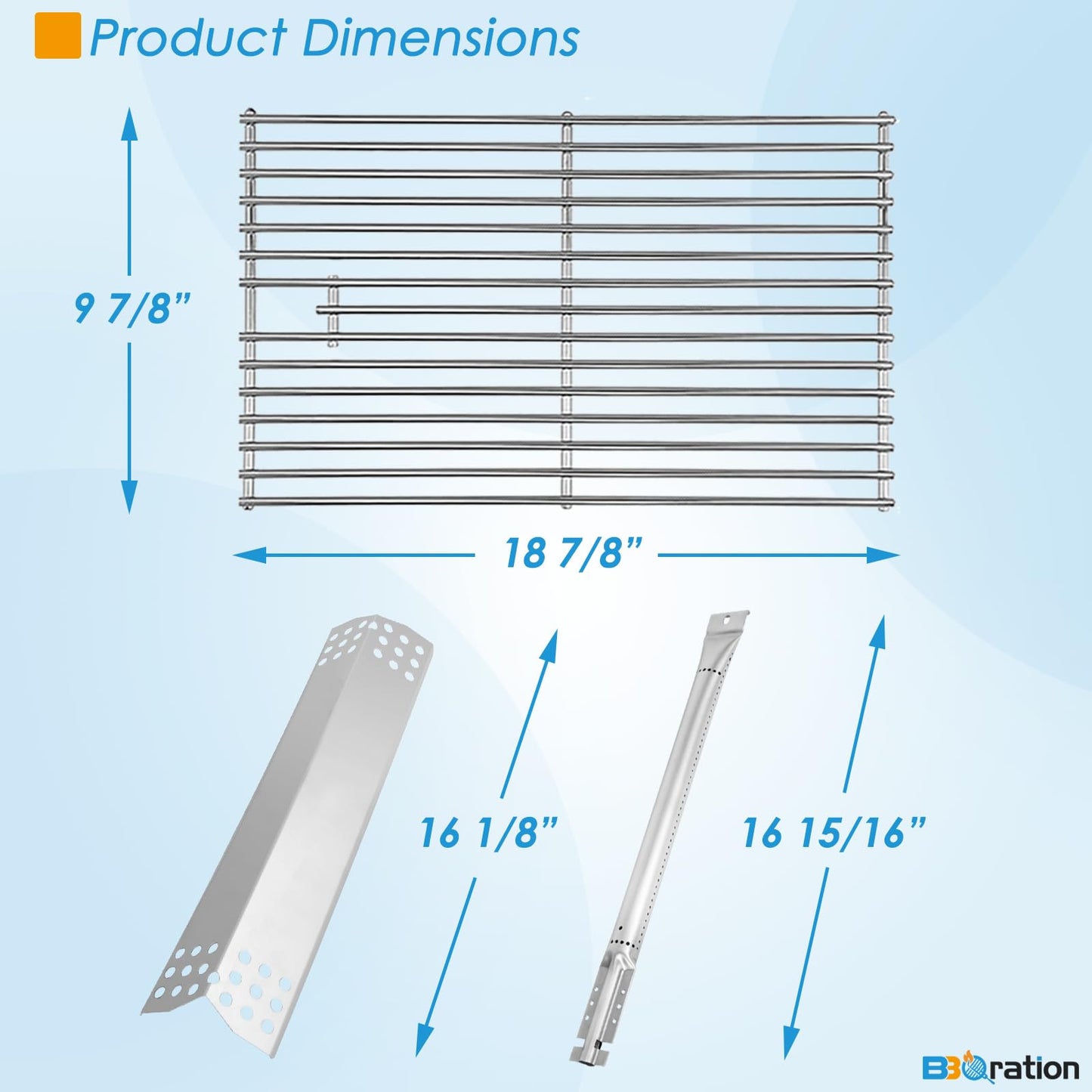BBQration Replacement Kit for Kitchen Aid 720-0745B 740-0780 860-0012 720-0745 720-0745A, 7MM Solid Stainless Steel Cooking Grates, Burners and Heat Plates for Kitchenaid Grill Replacement Parts